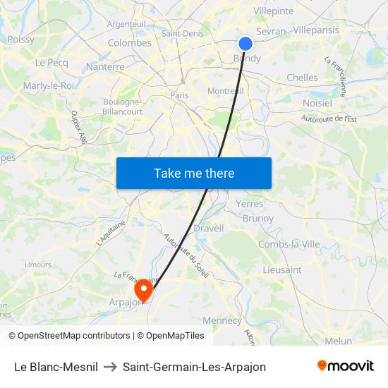 Le Blanc-Mesnil to Saint-Germain-Les-Arpajon map