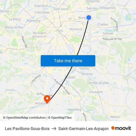 Les Pavillons-Sous-Bois to Saint-Germain-Les-Arpajon map