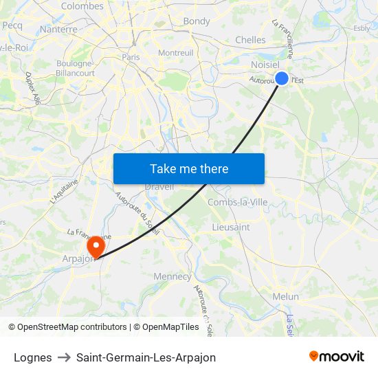 Lognes to Saint-Germain-Les-Arpajon map