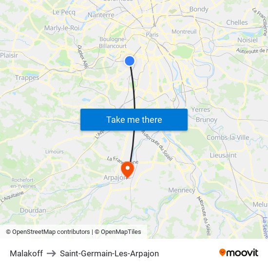 Malakoff to Saint-Germain-Les-Arpajon map