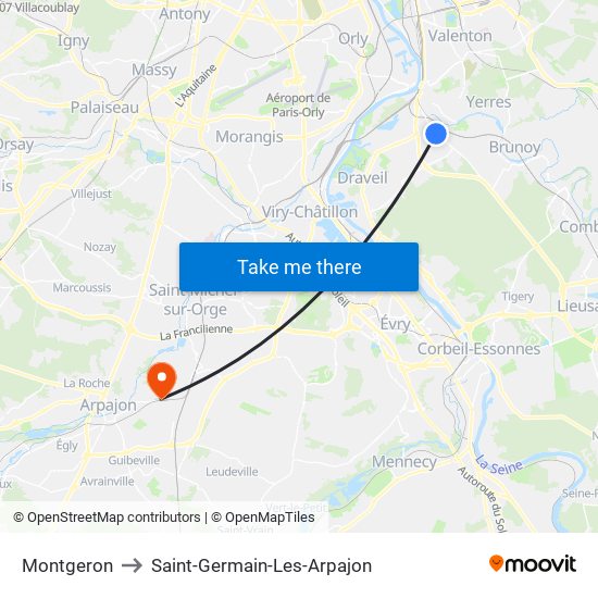 Montgeron to Saint-Germain-Les-Arpajon map