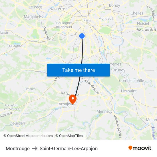 Montrouge to Saint-Germain-Les-Arpajon map