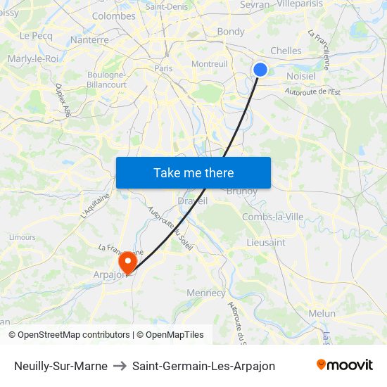 Neuilly-Sur-Marne to Saint-Germain-Les-Arpajon map