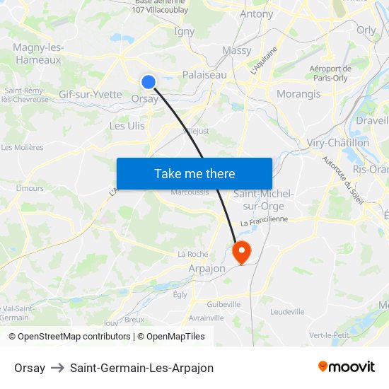 Orsay to Saint-Germain-Les-Arpajon map