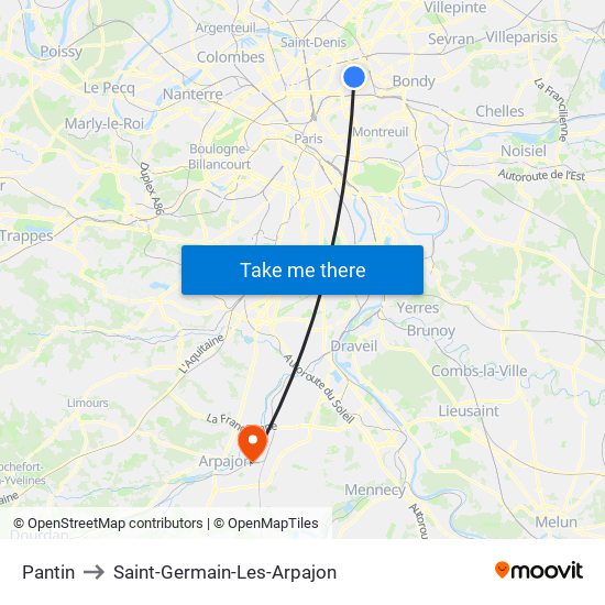 Pantin to Saint-Germain-Les-Arpajon map