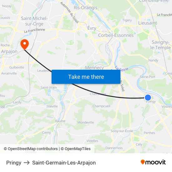 Pringy to Saint-Germain-Les-Arpajon map