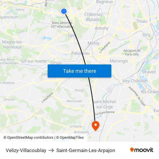 Velizy-Villacoublay to Saint-Germain-Les-Arpajon map