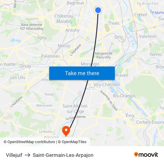 Villejuif to Saint-Germain-Les-Arpajon map