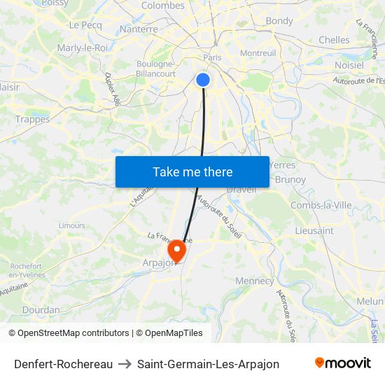 Denfert-Rochereau to Saint-Germain-Les-Arpajon map