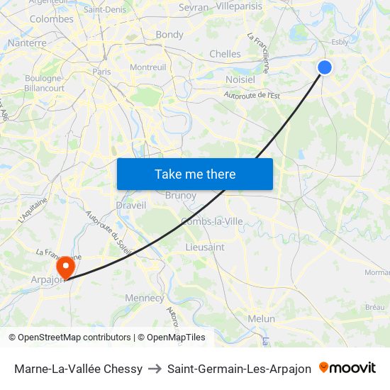 Marne-La-Vallée Chessy to Saint-Germain-Les-Arpajon map