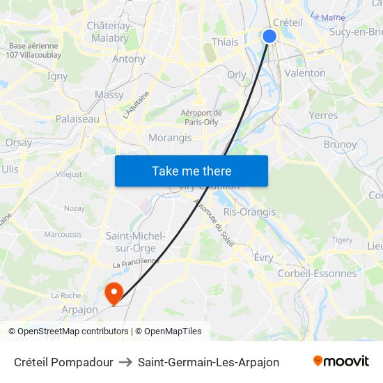 Créteil Pompadour to Saint-Germain-Les-Arpajon map