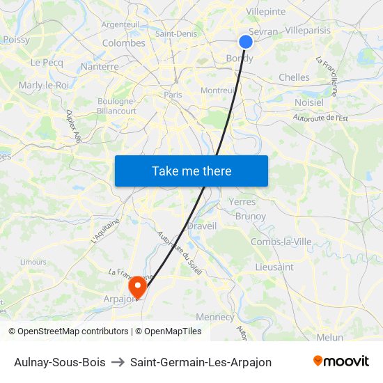 Aulnay-Sous-Bois to Saint-Germain-Les-Arpajon map