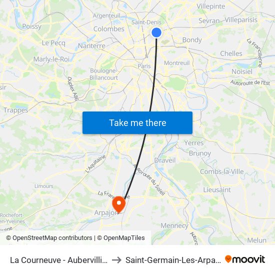 La Courneuve - Aubervilliers to Saint-Germain-Les-Arpajon map