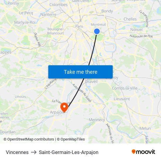 Vincennes to Saint-Germain-Les-Arpajon map