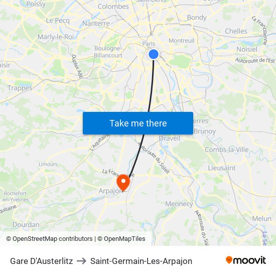Gare D'Austerlitz to Saint-Germain-Les-Arpajon map