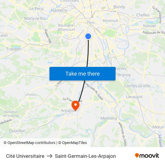 Cité Universitaire to Saint-Germain-Les-Arpajon map