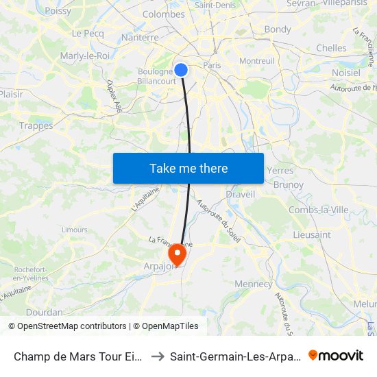 Champ de Mars Tour Eiffel to Saint-Germain-Les-Arpajon map