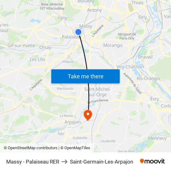 Massy - Palaiseau RER to Saint-Germain-Les-Arpajon map