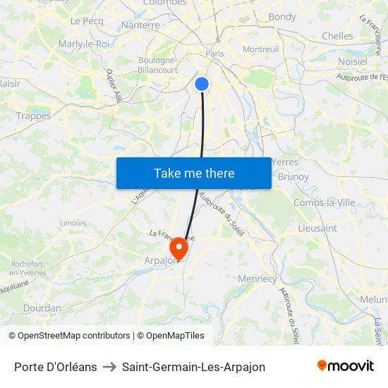 Porte D'Orléans to Saint-Germain-Les-Arpajon map