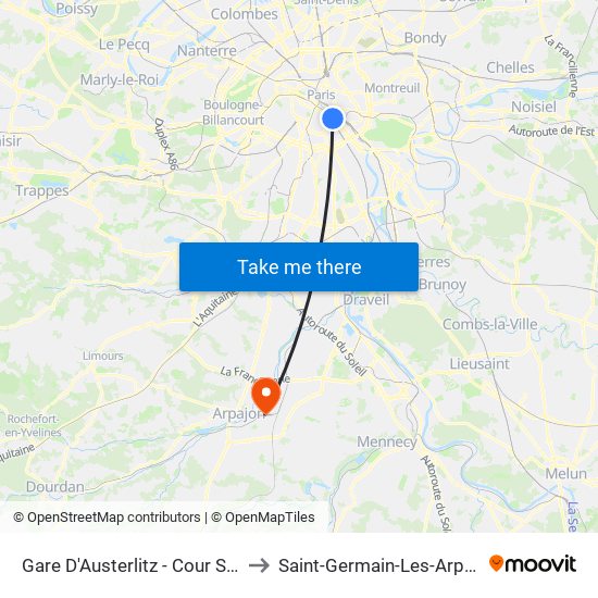 Gare D'Austerlitz - Cour Seine to Saint-Germain-Les-Arpajon map