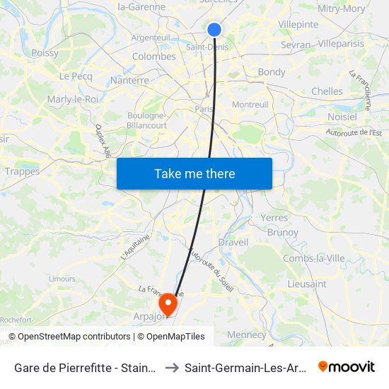 Gare de Pierrefitte - Stains RER to Saint-Germain-Les-Arpajon map