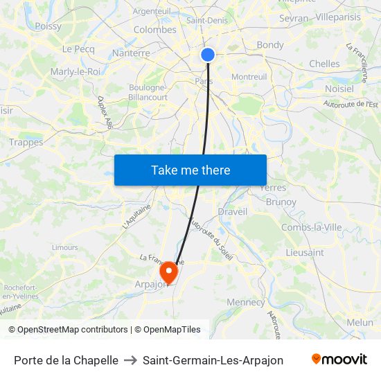 Porte de la Chapelle to Saint-Germain-Les-Arpajon map