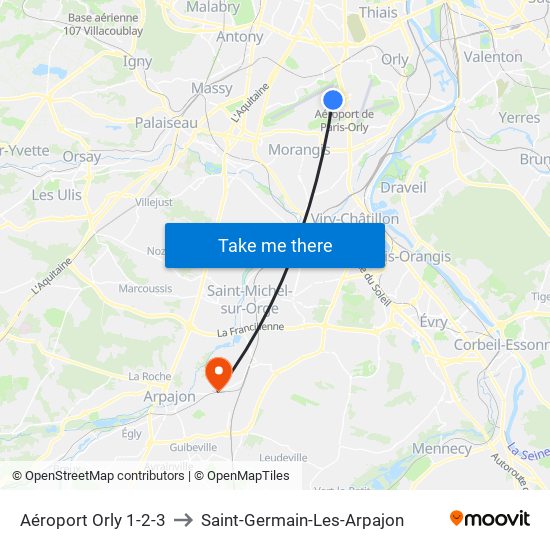 Aéroport Orly 1-2-3 to Saint-Germain-Les-Arpajon map