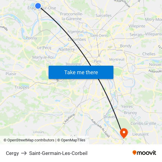 Cergy to Saint-Germain-Les-Corbeil map