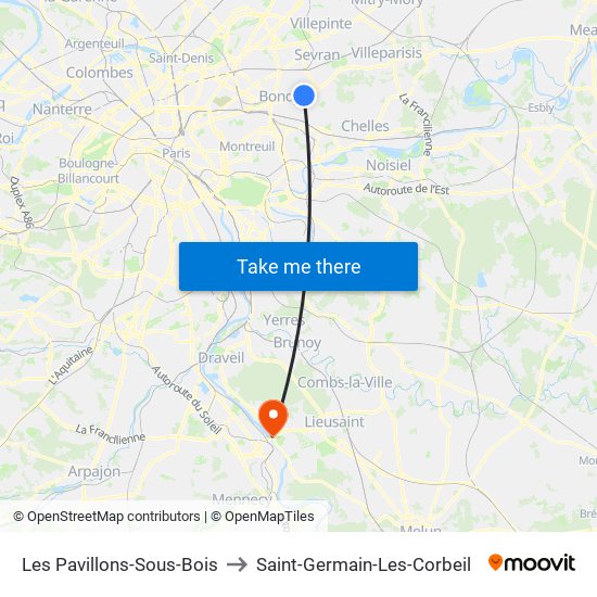 Les Pavillons-Sous-Bois to Saint-Germain-Les-Corbeil map