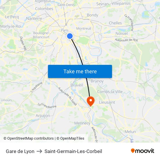 Gare de Lyon to Saint-Germain-Les-Corbeil map