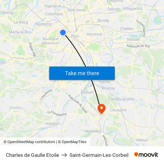 Charles de Gaulle Etoile to Saint-Germain-Les-Corbeil map