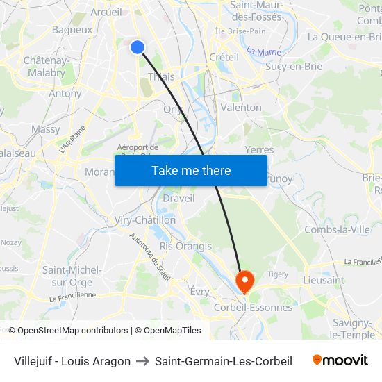 Villejuif - Louis Aragon to Saint-Germain-Les-Corbeil map