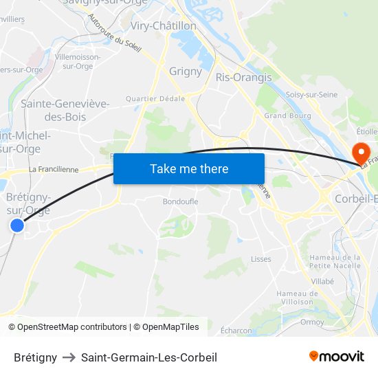 Brétigny to Saint-Germain-Les-Corbeil map