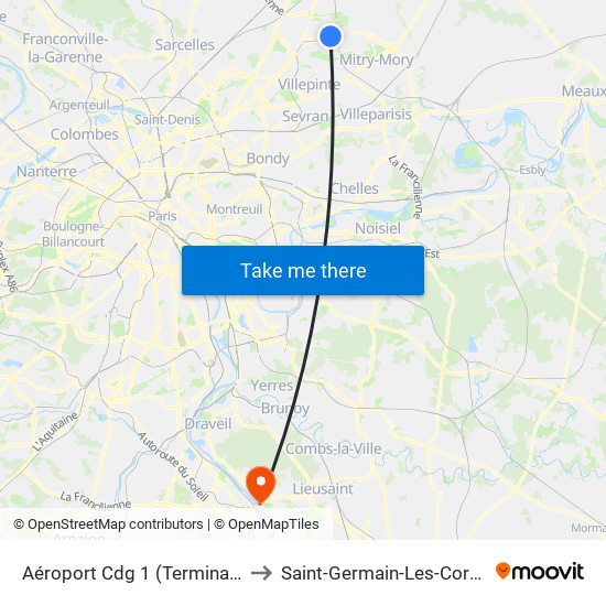 Aéroport Cdg 1 (Terminal 3) to Saint-Germain-Les-Corbeil map