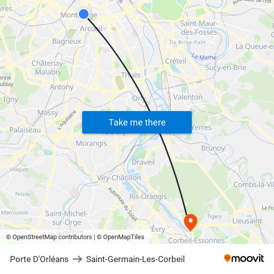 Porte D'Orléans to Saint-Germain-Les-Corbeil map