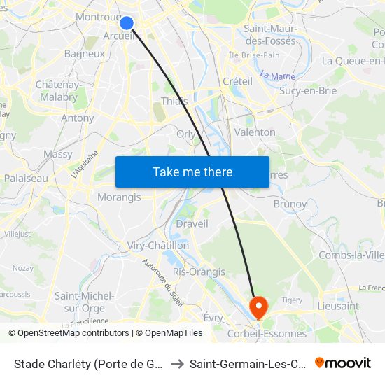 Stade Charléty (Porte de Gentilly) to Saint-Germain-Les-Corbeil map
