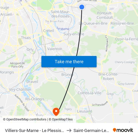 Villiers-Sur-Marne - Le Plessis-Trévise RER to Saint-Germain-Les-Corbeil map