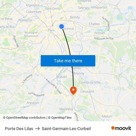 Porte Des Lilas to Saint-Germain-Les-Corbeil map