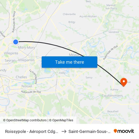 Roissypole - Aéroport Cdg1 (E2) to Saint-Germain-Sous-Doue map