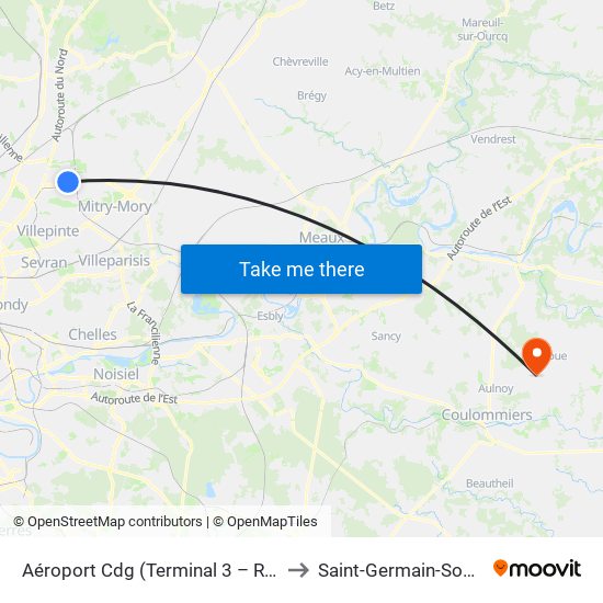 Aéroport Cdg (Terminal 3 – Roissypôle) to Saint-Germain-Sous-Doue map