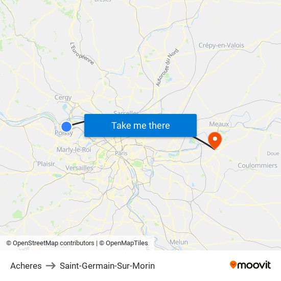 Acheres to Saint-Germain-Sur-Morin map