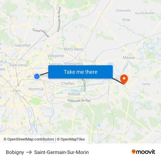 Bobigny to Saint-Germain-Sur-Morin map