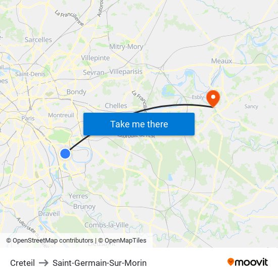 Creteil to Saint-Germain-Sur-Morin map