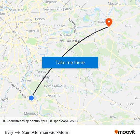 Evry to Saint-Germain-Sur-Morin map