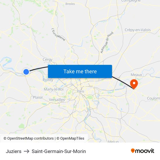 Juziers to Saint-Germain-Sur-Morin map