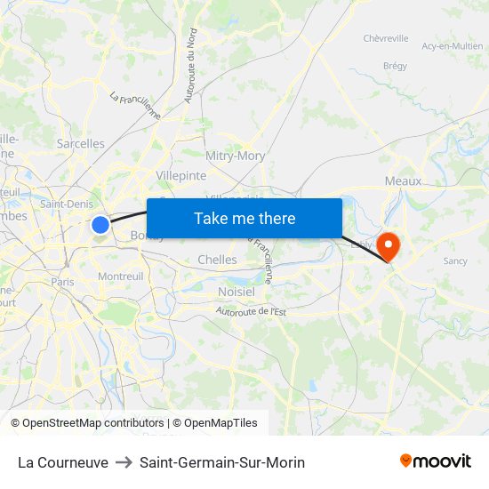 La Courneuve to Saint-Germain-Sur-Morin map