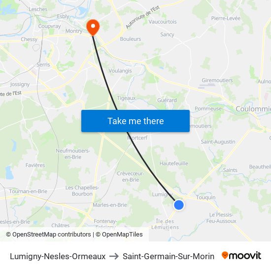Lumigny-Nesles-Ormeaux to Saint-Germain-Sur-Morin map