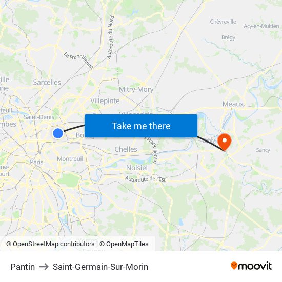 Pantin to Saint-Germain-Sur-Morin map