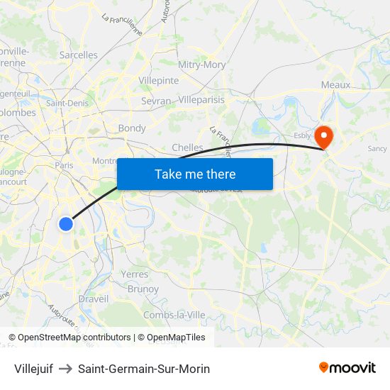 Villejuif to Saint-Germain-Sur-Morin map