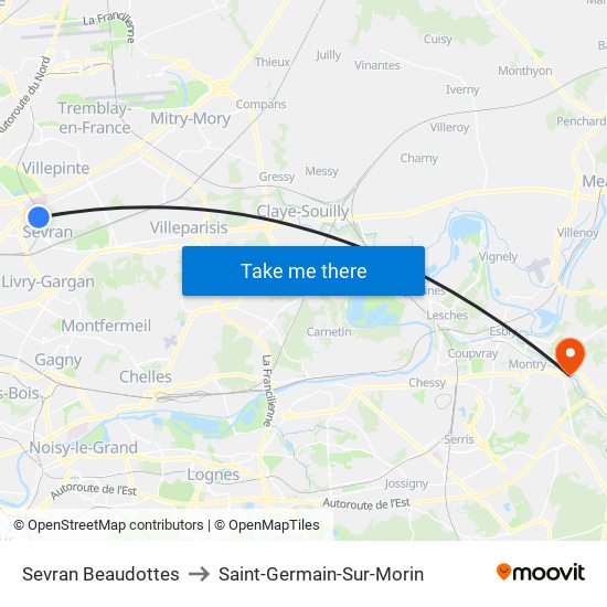 Sevran Beaudottes to Saint-Germain-Sur-Morin map